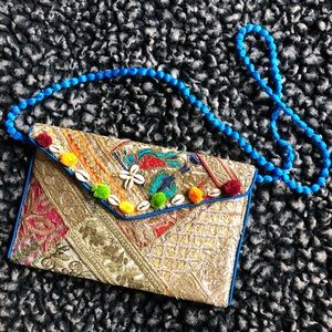 Boho clutch/shoulder bag purse gold and blue